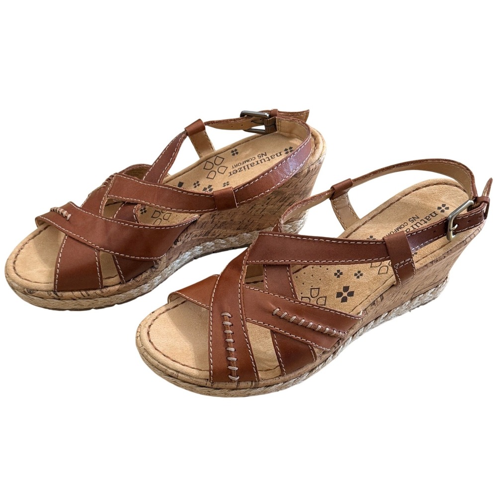 Naturalizer Norma Cognac Wedge Sandals Strappy Cork Brown Leather Womens 9.5 M